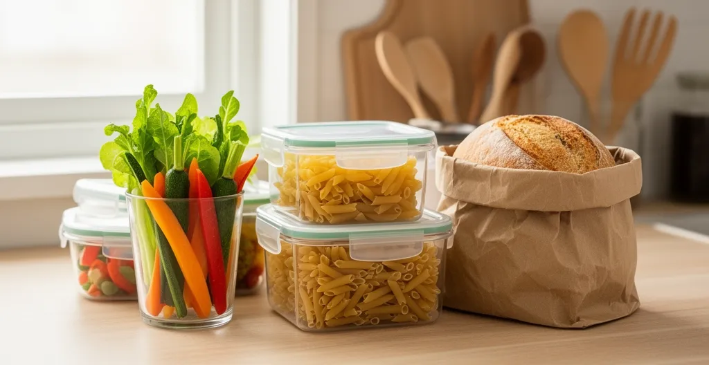 Assortiment de contenants alimentaires transparents et colorés sur plan de travail cuisine