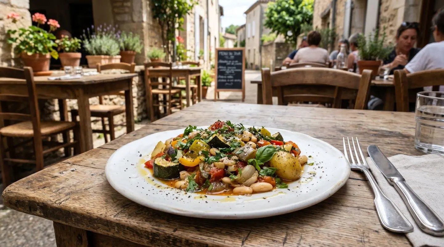 Assiette de cuisine maison colorée avec légumes frais et herbes aromatiques sur table de terrasse en bois, éclairée par la lumière naturelle du midi