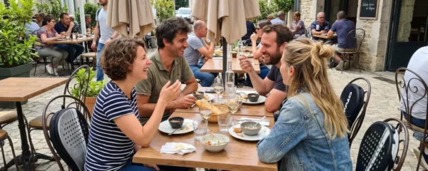 Quatre amis vus de dos et de profil rient et partagent un repas à une table de terrasse ensoleillée, raquettes de padel appuyées contre les chaises