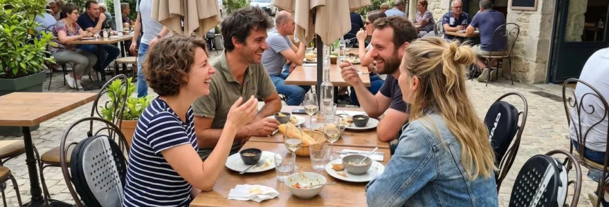 Quatre amis vus de dos et de profil rient et partagent un repas à une table de terrasse ensoleillée, raquettes de padel appuyées contre les chaises