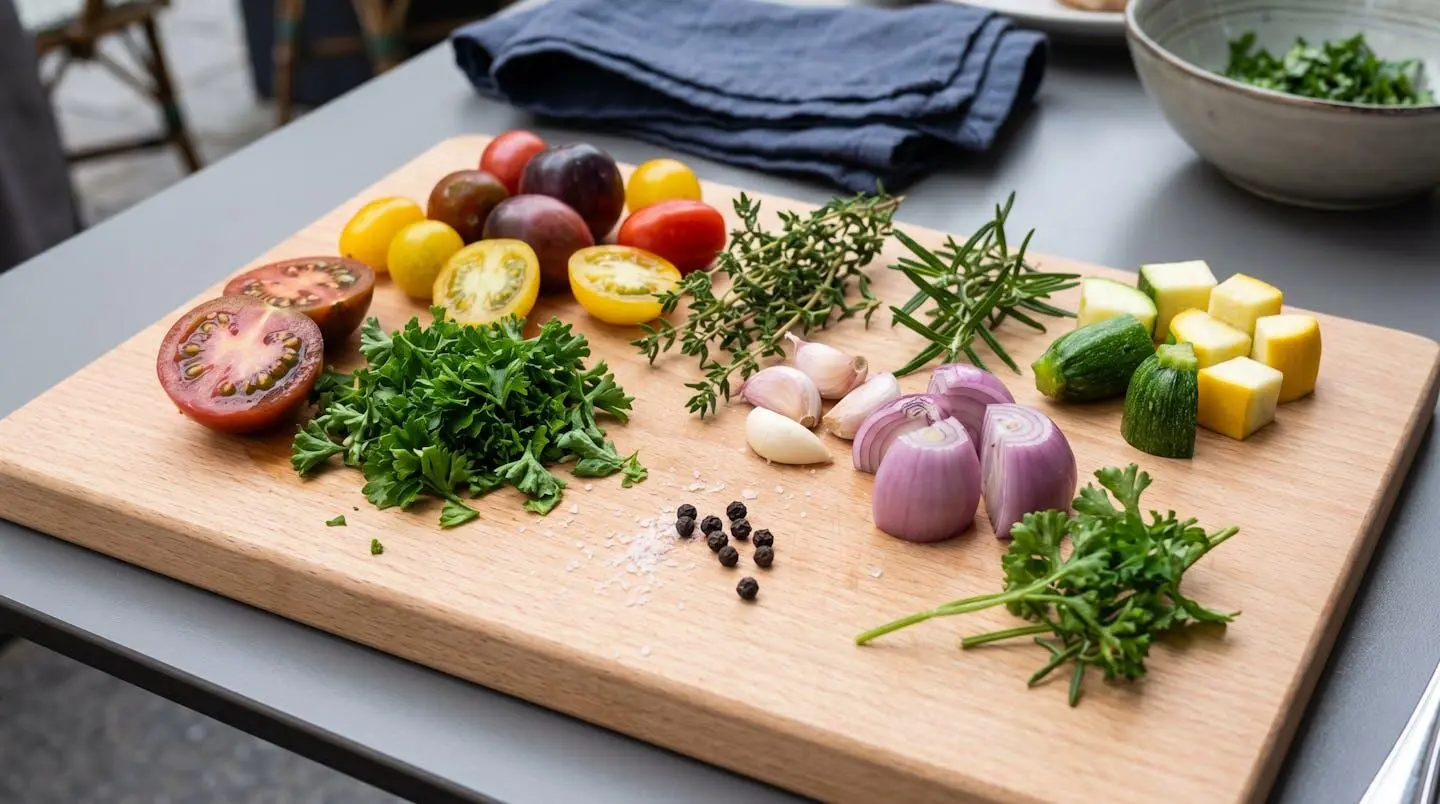 Ingrédients frais et colorés disposés sur une planche de bois, légumes de saison et herbes aromatiques prêts à être cuisinés