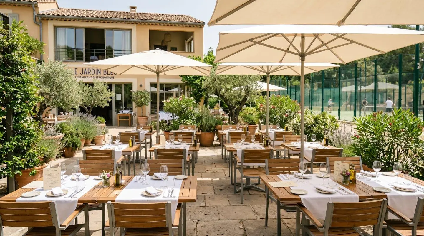 Terrasse ensoleillée de restaurant à Colomiers, tables dressées sous parasols modernes, verdure environnante et club de padel en arrière-plan
