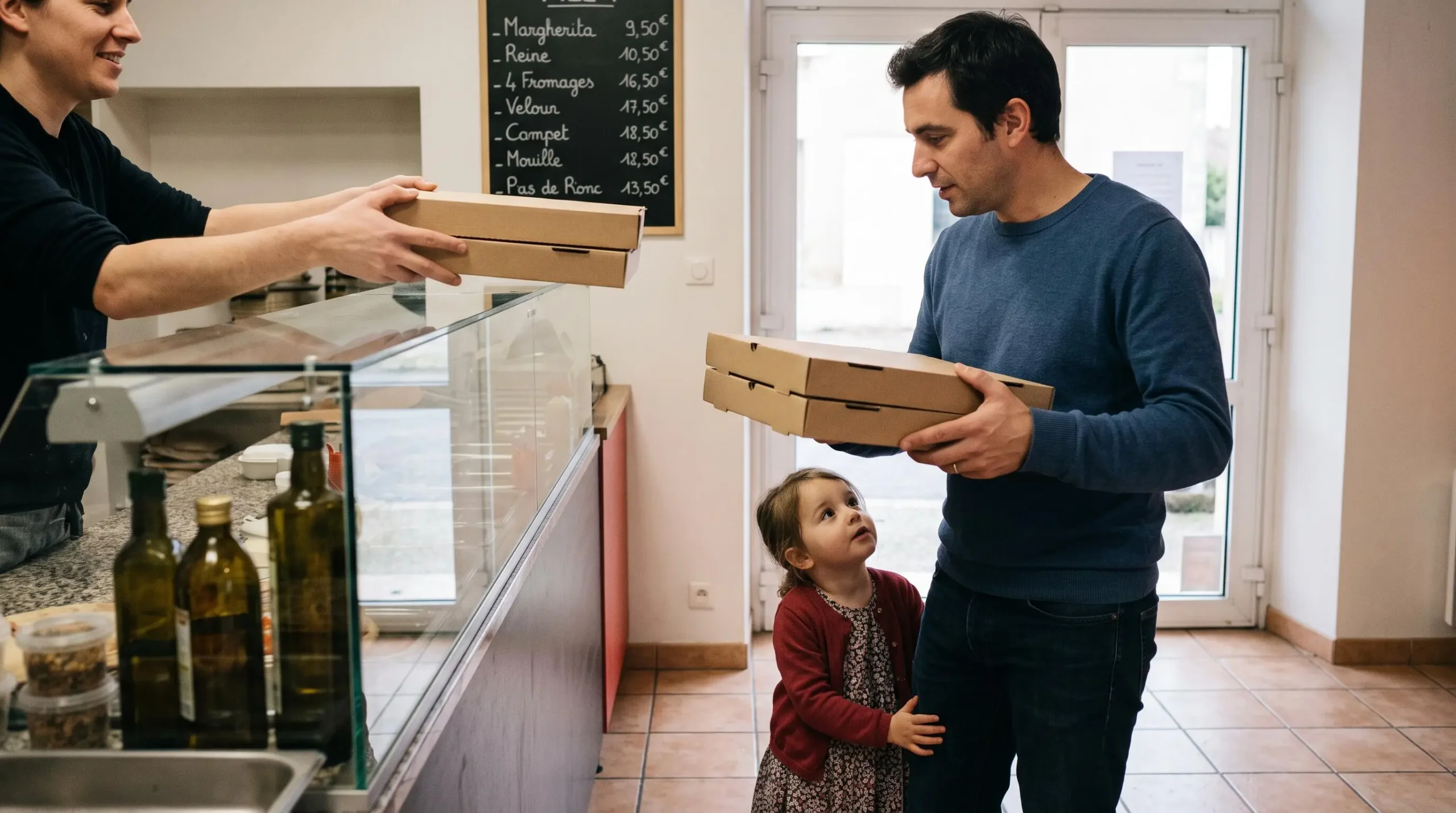 Un père récupérant une pizza à emporter dans une boîte en carton au comptoir d'une pizzeria de quartier, son enfant à ses côtés