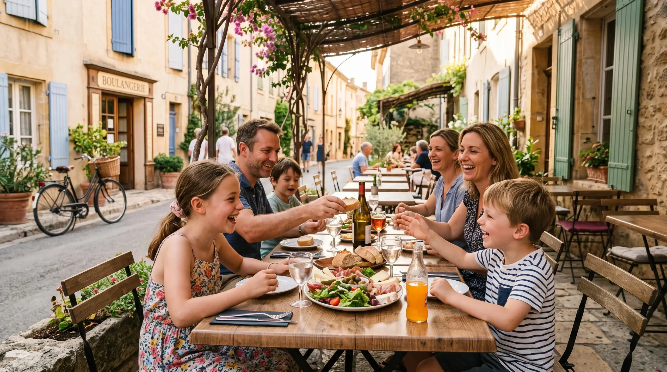 Famille attablée en terrasse ombragée d'un restaurant français partageant un plateau d'antipastis à la lumière dorée du soir