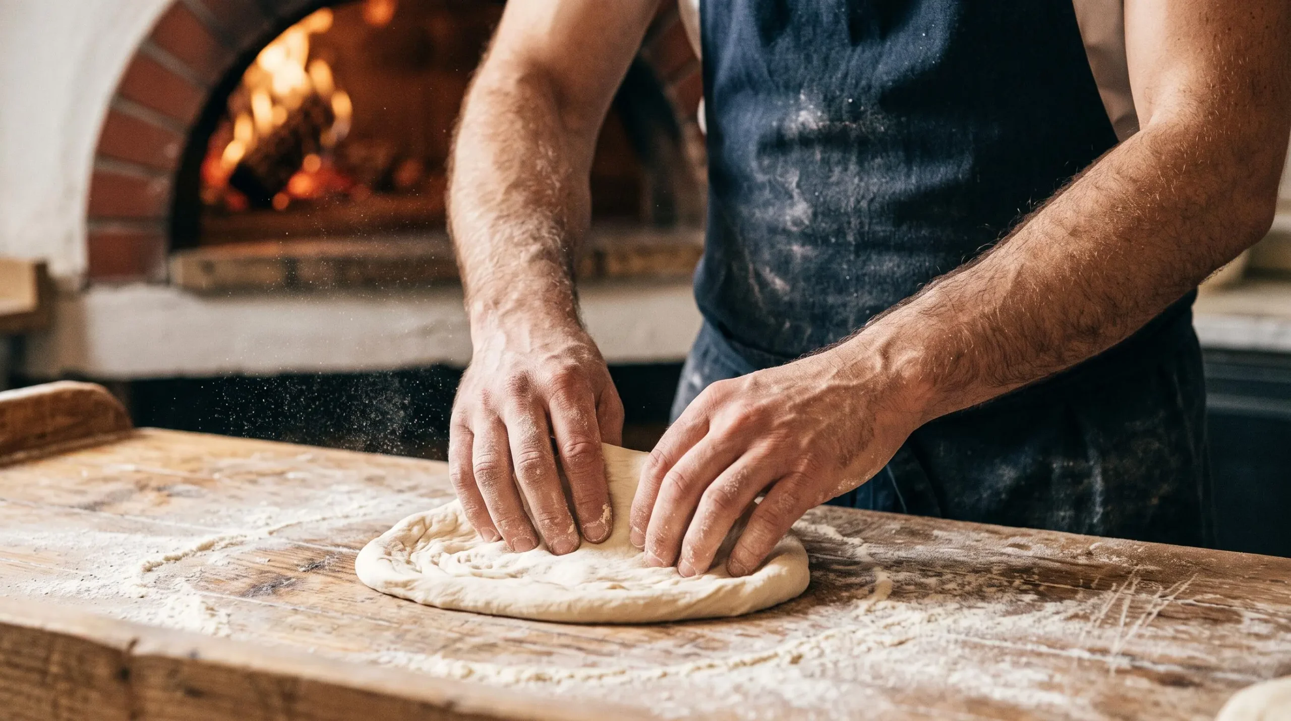 Mains d'un pizzaiolo étalant une pâte à pizza fraîche sur un plan de travail en bois devant un four à bois flamboyant